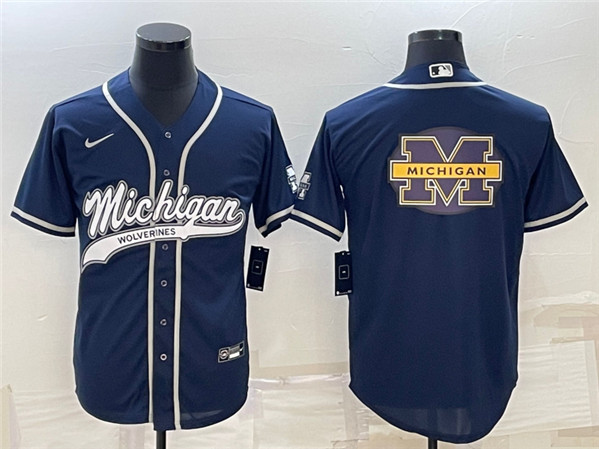 Michigan Wolverines Navy Team Big Logo With Patch Cool Base Stitched Baseball Jersey - Click Image to Close